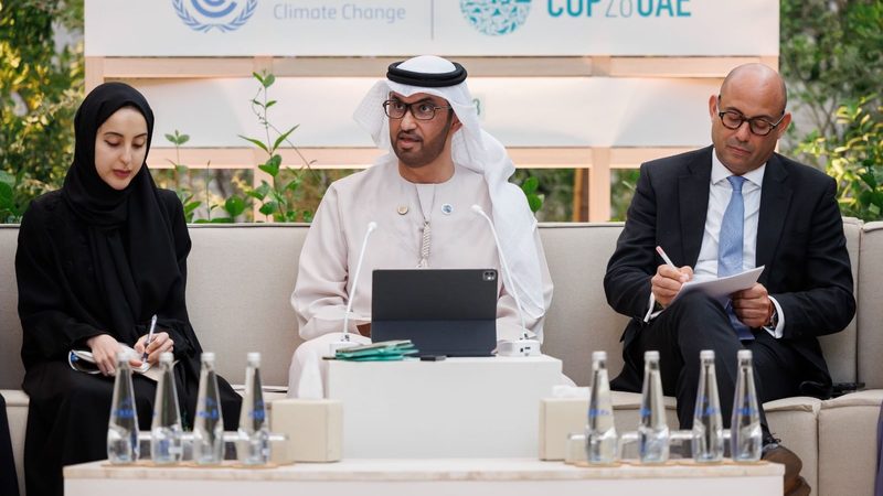 Cop28 president Sultan Al Jaber talks to the press at the Cop28 opening day Media Majlis