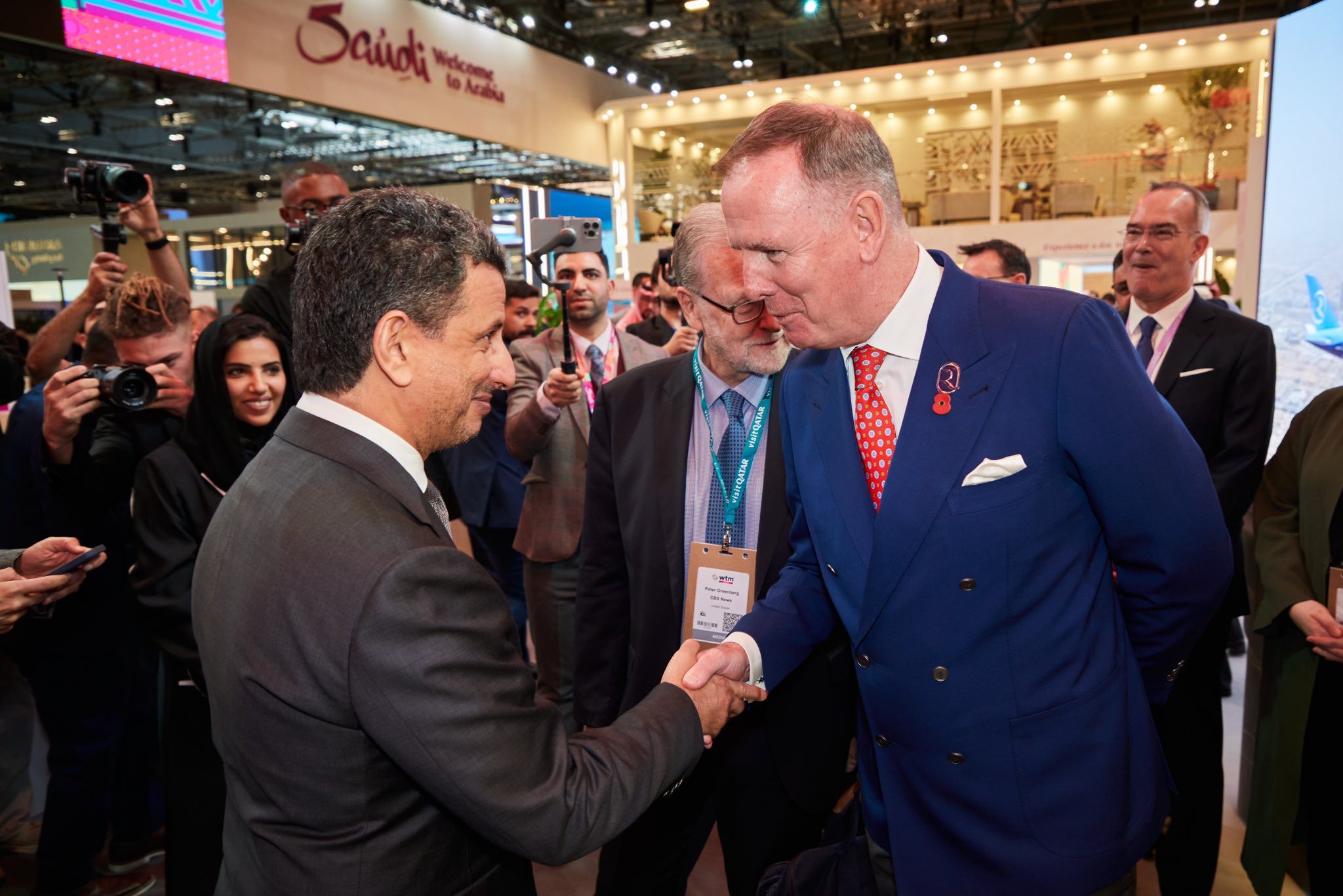 Saudi tourism minister Ahmed Al Khatib and Riyadh Air CEO Tony Douglas at the airline's pavilion at the WTM London exhibition