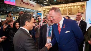 Saudi tourism minister Ahmed Al Khatib and Riyadh Air CEO Tony Douglas at the airline's pavilion at the WTM London exhibition