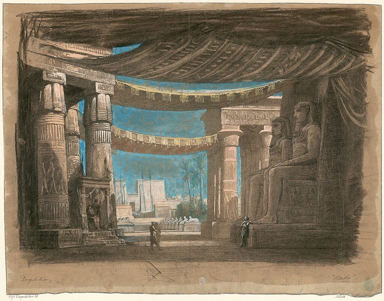 Archaeology, Art, Painting Set design by Edouard Despléchin for Act2 sc2 of Aida by Verdi 1871 in Cairo