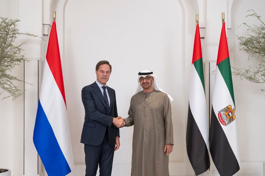 ABU DHABI, UNITED ARAB EMIRATES - September 26, 2023: HH Sheikh Mohamed bin Zayed Al Nahyan, President of the United Arab Emirates (R), stands for a photograph with HE Mark Rutte, Prime Minister of the Netherlands (L), prior to a meeting, at Al Shati Palace. ( Mohamed Al Hammadi / UAE Presidential Court )