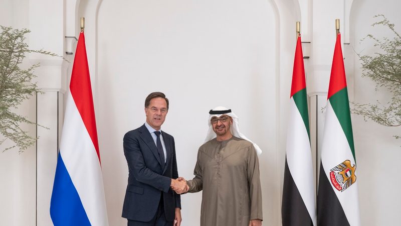 ABU DHABI, UNITED ARAB EMIRATES - September 26, 2023: HH Sheikh Mohamed bin Zayed Al Nahyan, President of the United Arab Emirates (R), stands for a photograph with HE Mark Rutte, Prime Minister of the Netherlands (L), prior to a meeting, at Al Shati Palace. ( Mohamed Al Hammadi / UAE Presidential Court )