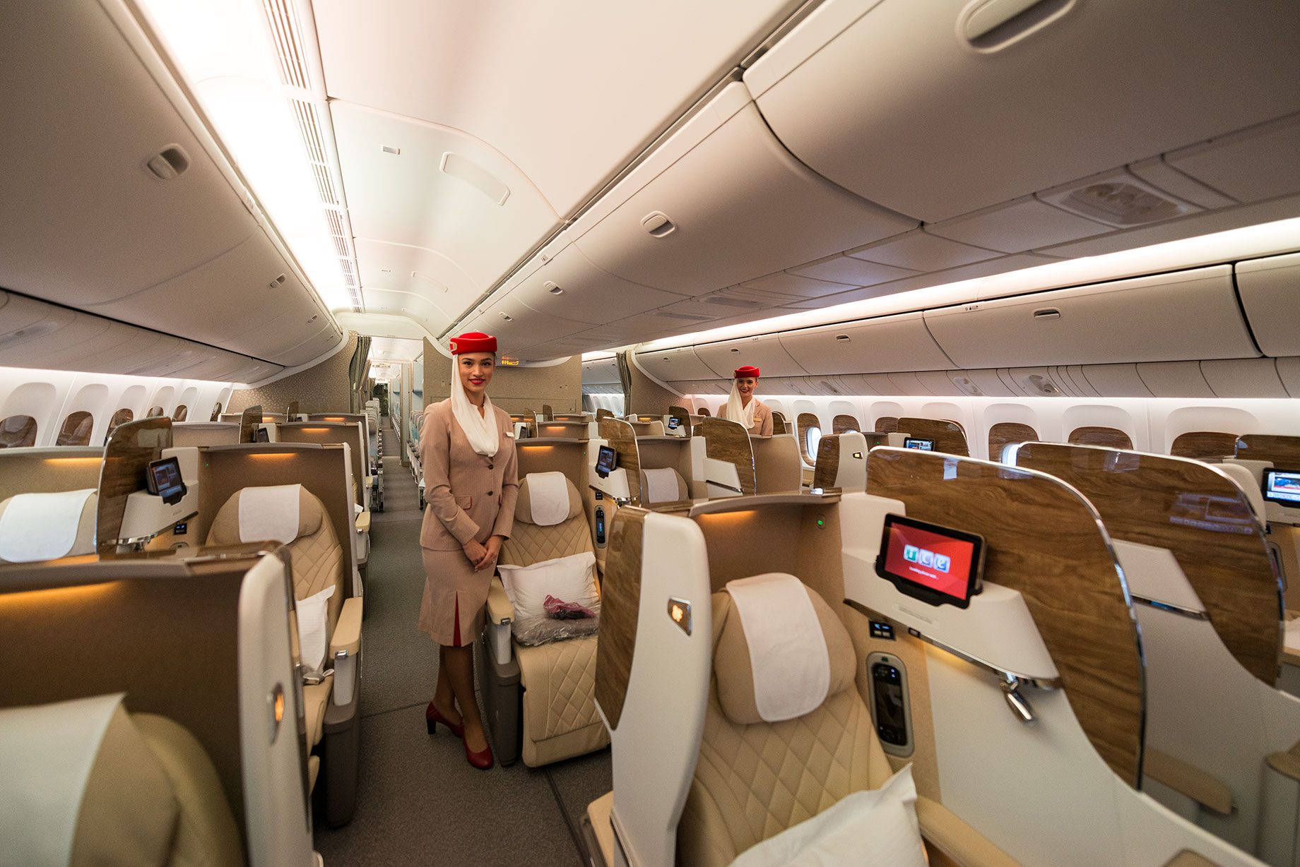 Emirates business class onboard a Boeing 777-300. A new seating configuration in 2024 means all premium passengers will have aisle access