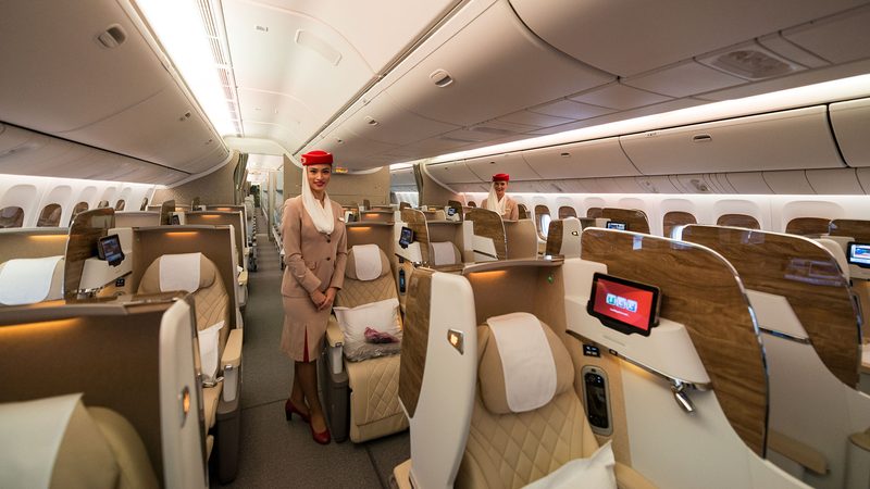 Emirates business class onboard a Boeing 777-300. A new seating configuration in 2024 means all premium passengers will have aisle access