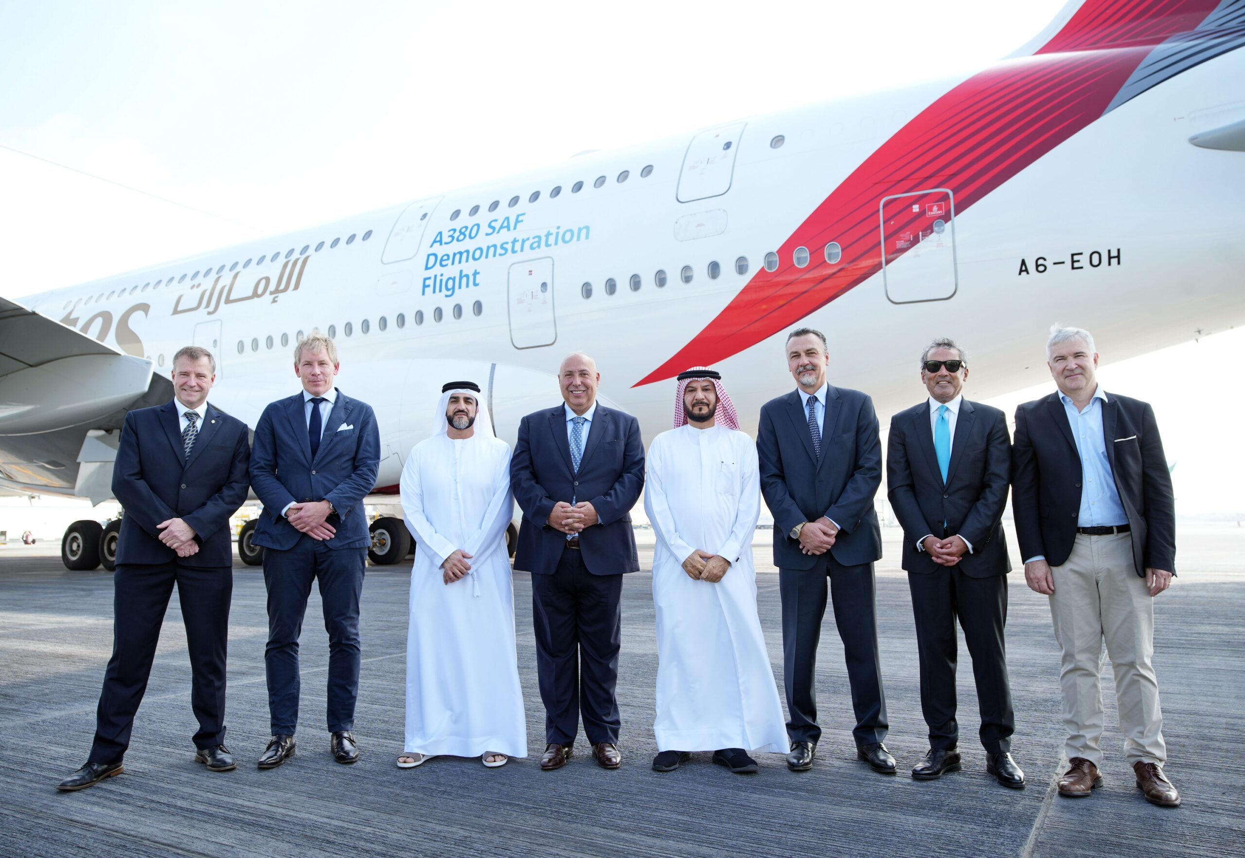 Executives from Emirates, Airbus and their partners at Wednesday's test flight in Dubai