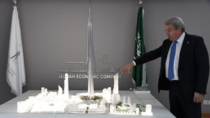 Jeddah Economic Company CEO Mounib Hammoud, shows a model of Jeddah Tower.