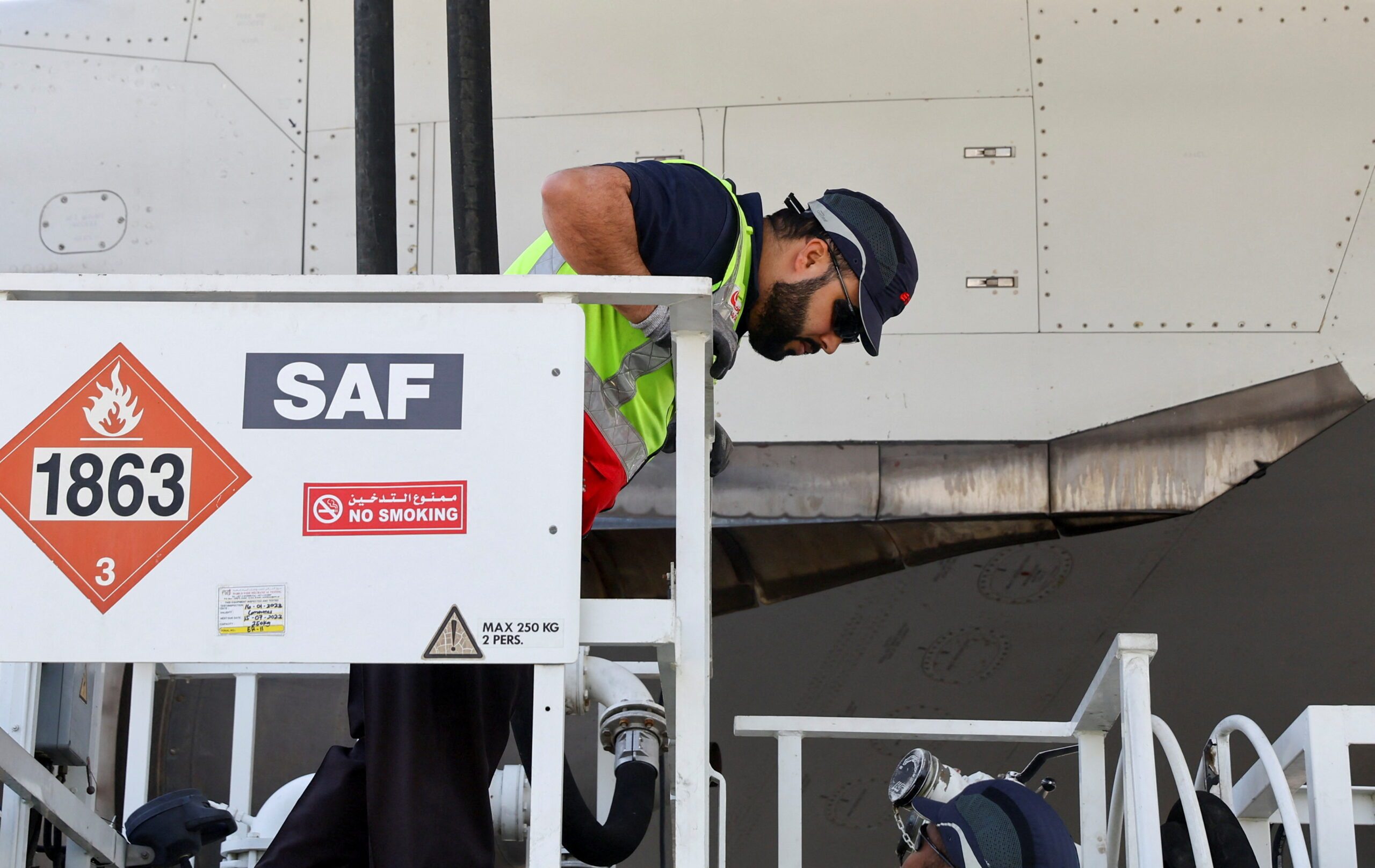 An Emirates Airlines Boeing 777-300ER takes on sustainable aviation fuel at Dubai airport