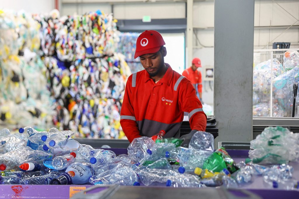 Recyclable plastics being sorted at a facility in Dubai. The UAE is imposing a nationwide ban on single-use plastics