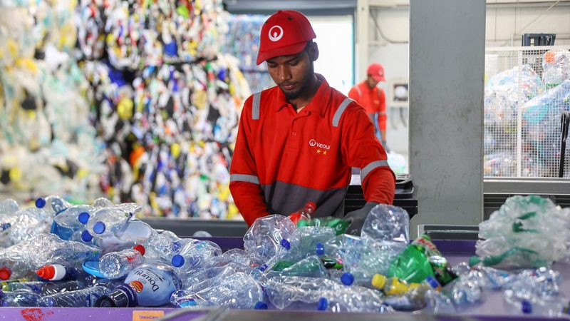 Recyclable plastics being sorted at a facility in Dubai. The UAE is imposing a nationwide ban on single-use plastics