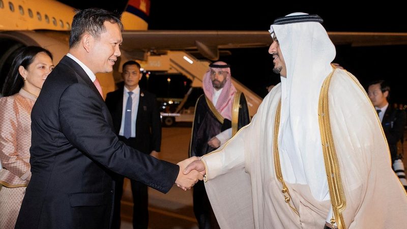 Hun Manet, the prime minister of Cambodia, arrives in Saudi Arabia for a meeting of southeast Asian nations and the GCC. Cambodia is one of the 34 in the emerging Asia group