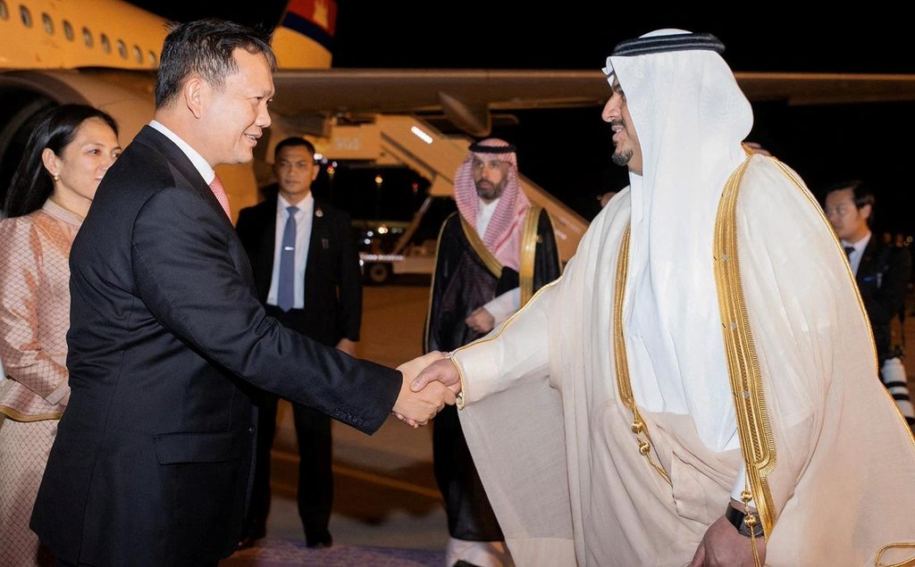 Hun Manet, the prime minister of Cambodia, arrives in Saudi Arabia for a meeting of southeast Asian nations and the GCC. Cambodia is one of the 34 in the emerging Asia group