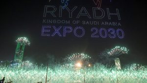A fireworks display and light show celebrates Saudi Arabia's successful bid to host Expo 2030 in Riyadh