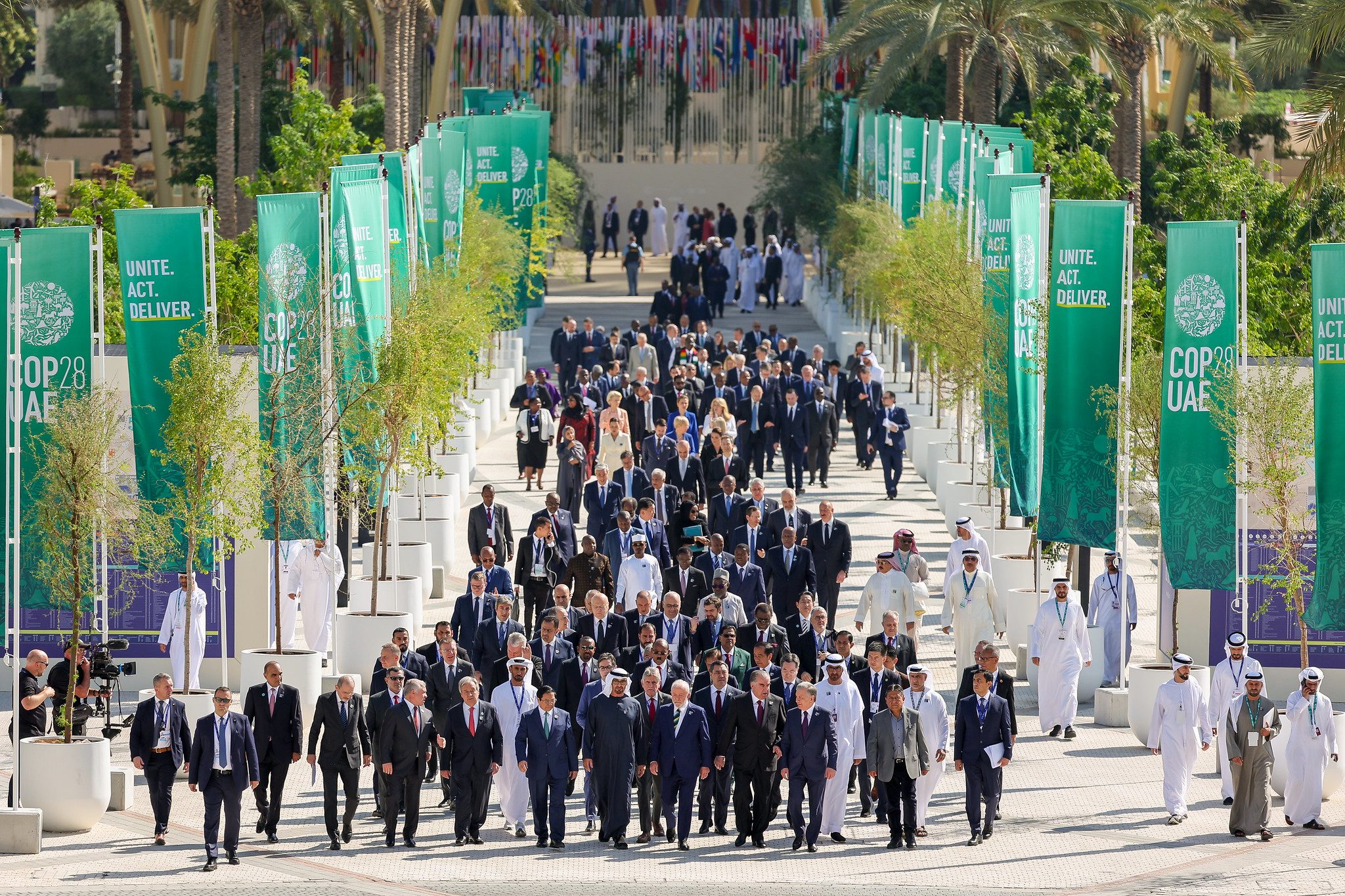 World leaders walk down Al Wasl avenue after their group photo on the first day of Cop28 at Expo City in Dubai