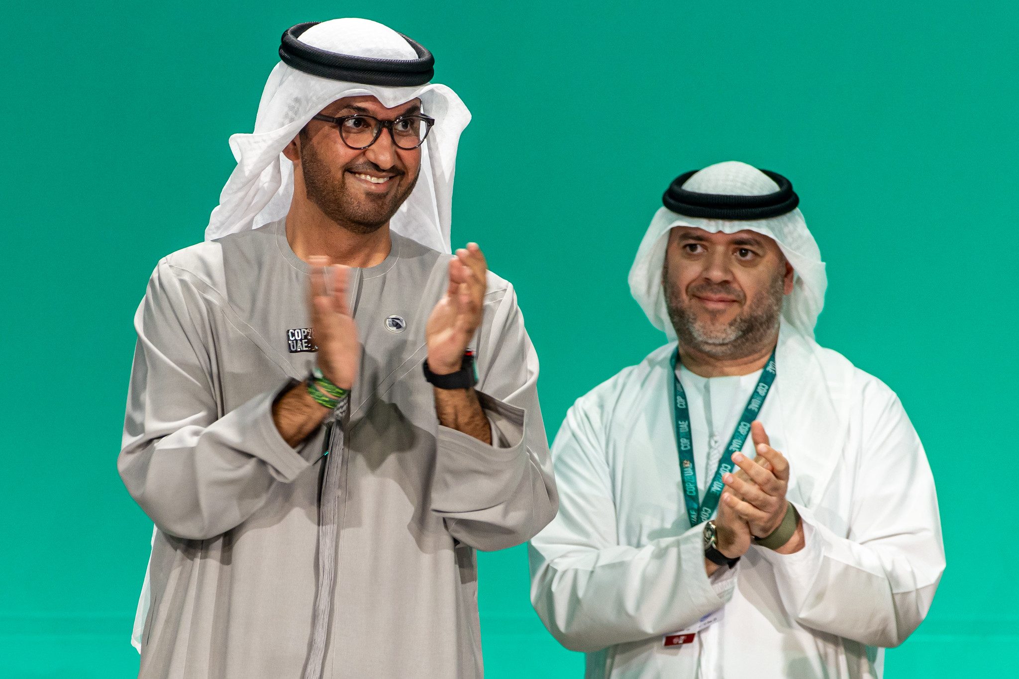 Cop28 president Sultan Al Jaber and Cop28 director general Majid Al Suwaidi at the Closing Plenary session