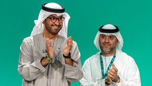 Cop28 president Sultan Al Jaber and Cop28 director general Majid Al Suwaidi at the Closing Plenary session