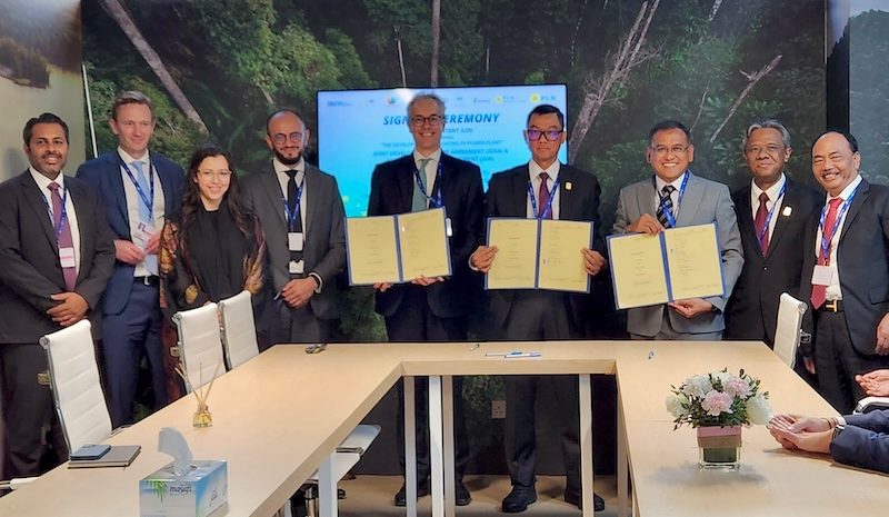 Executives of Acwa Power, PT Perusahaan Listrik Negara and PT Pupuk Indonesia at a signing ceremony held on the sidelines of Cop28 in Dubai