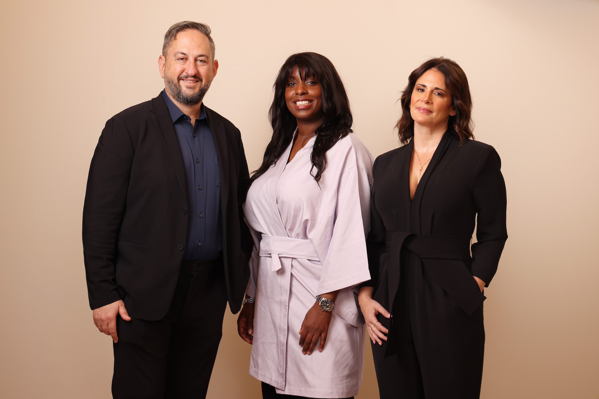 JEDDAH, SAUDI ARABIA - DECEMBER 02: Greg Silverman, Charlene Deleon-Jones and Jessika Borsiczky pose in the portrait studio during the Red Sea International Film Festival 2023 on December 02, 2023 in Jeddah, Saudi Arabia. (Photo by Tristan Fewings/Getty Images for The Red Sea International Film Festival)