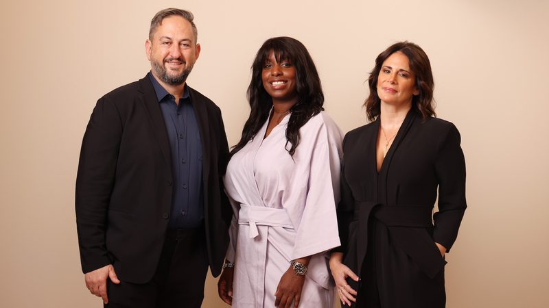 JEDDAH, SAUDI ARABIA - DECEMBER 02: Greg Silverman, Charlene Deleon-Jones and Jessika Borsiczky pose in the portrait studio during the Red Sea International Film Festival 2023 on December 02, 2023 in Jeddah, Saudi Arabia. (Photo by Tristan Fewings/Getty Images for The Red Sea International Film Festival)