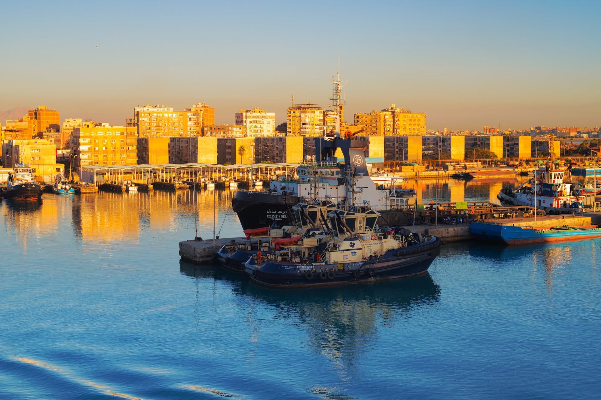 Water, Waterfront, Architecture Boats on the Suez, sunshine on buildings