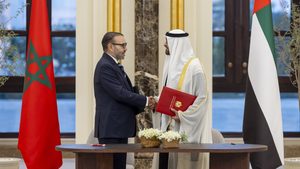 King Mohamed VI of Morocco (left) met with UAE president Sheikh Mohamed bin Zayed Al Nahyan, during a state visit last week to discuss trade