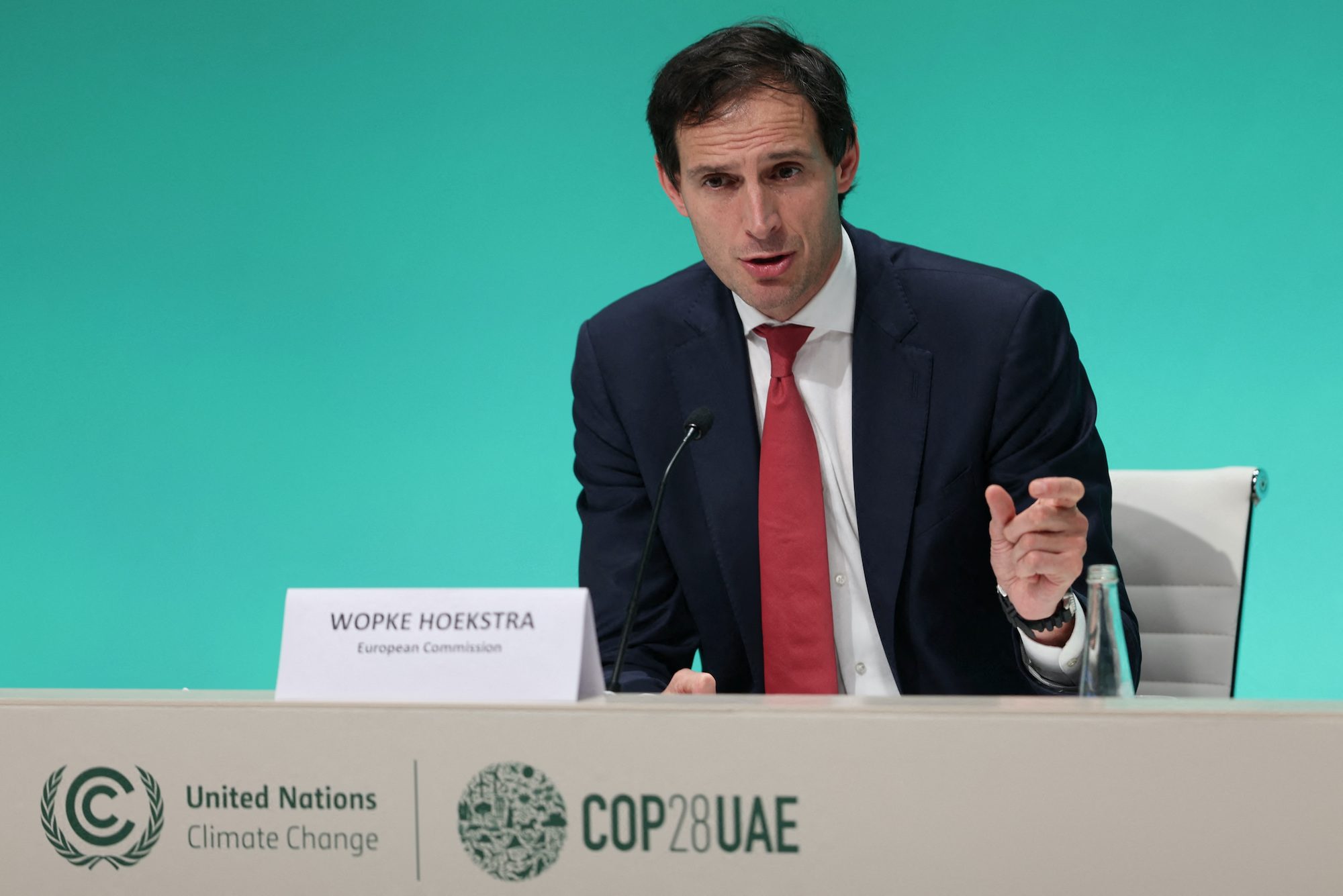 European Commission's Wopke Hoekstra speaks at the European Union press conference, during the United Nations Climate Change Conference (COP28), in Dubai, United Arab Emirates, December 6, 2023. REUTERS/Amr Alfiky