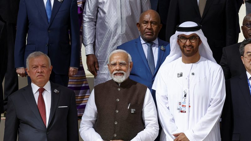 Jordan's King Abdullah II, left, India's prime minister Narendra Modi, centre, and Cop28 president Sultan Al Jaber