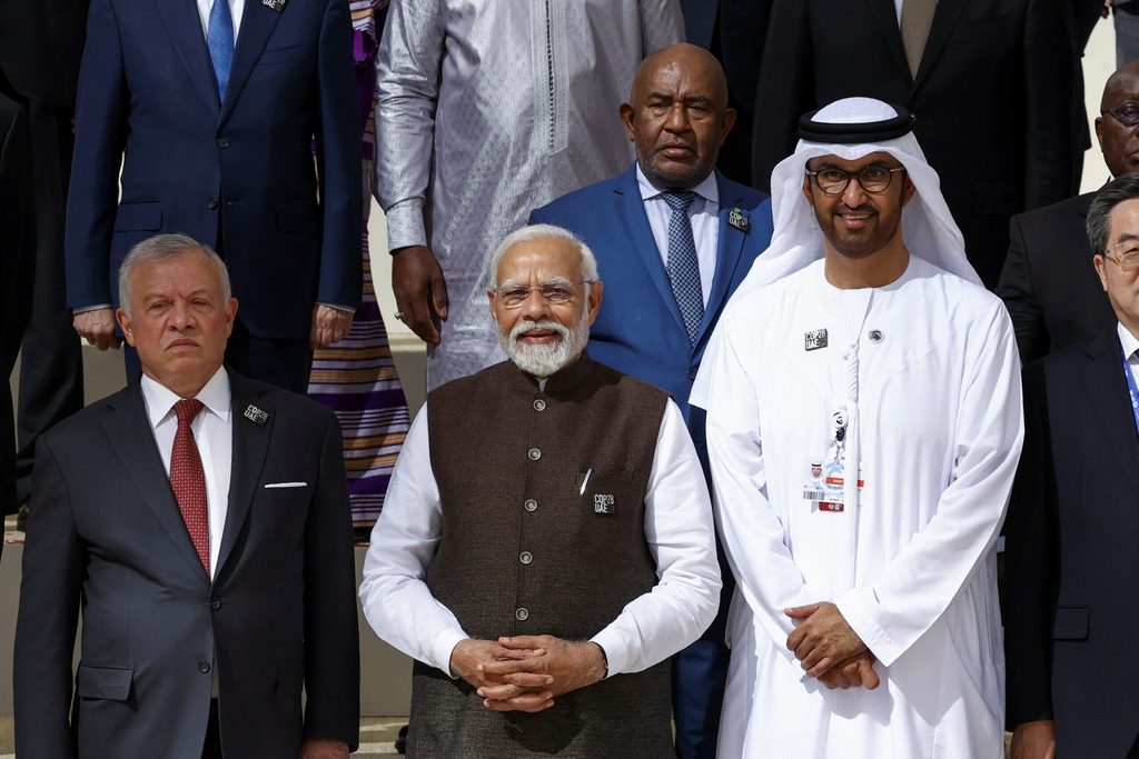 Jordan's King Abdullah II, left, India's prime minister Narendra Modi, centre, and Cop28 president Sultan Al Jaber