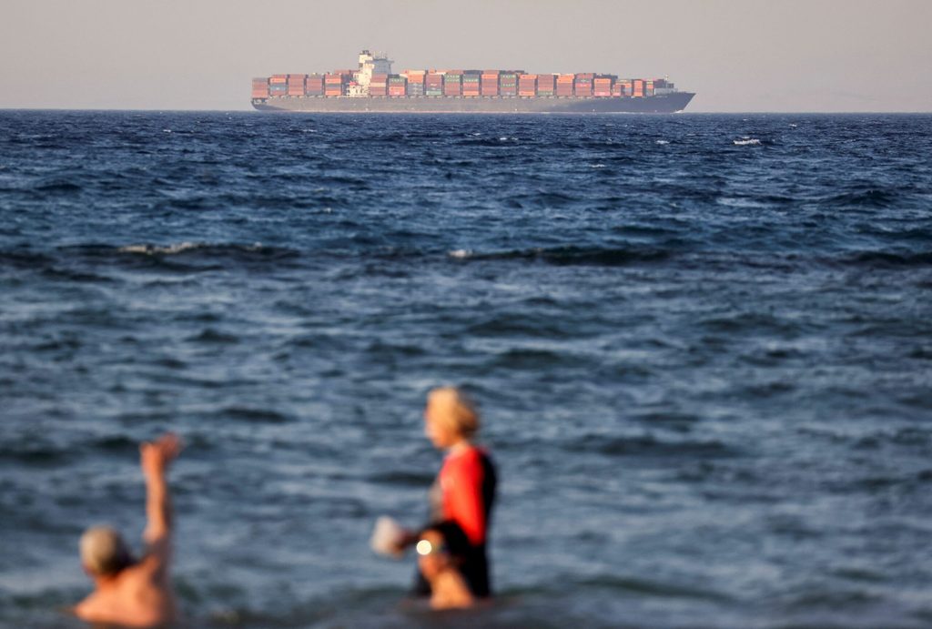 A container ship crosses the Gulf of Suez towards the Red Sea before entering the Suez Canal in Al-'Ain al-Sokhna, Egypt, in July