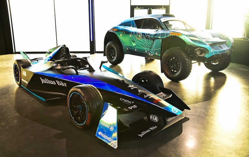 Electric vehicles on display in London at the launch of a partnership between PIF and Formula E, Extreme E and E1 this week