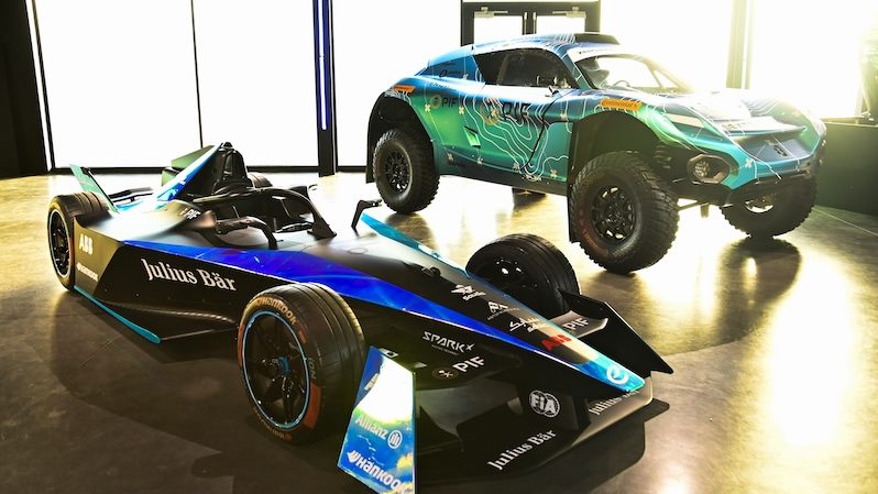 Electric vehicles on display in London at the launch of a partnership between PIF and Formula E, Extreme E and E1 this week