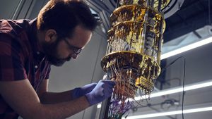 An engineer works on a cooling unit for a quantum computing system in a New York lab. The technology could crack 'traditional' encryption in seconds
