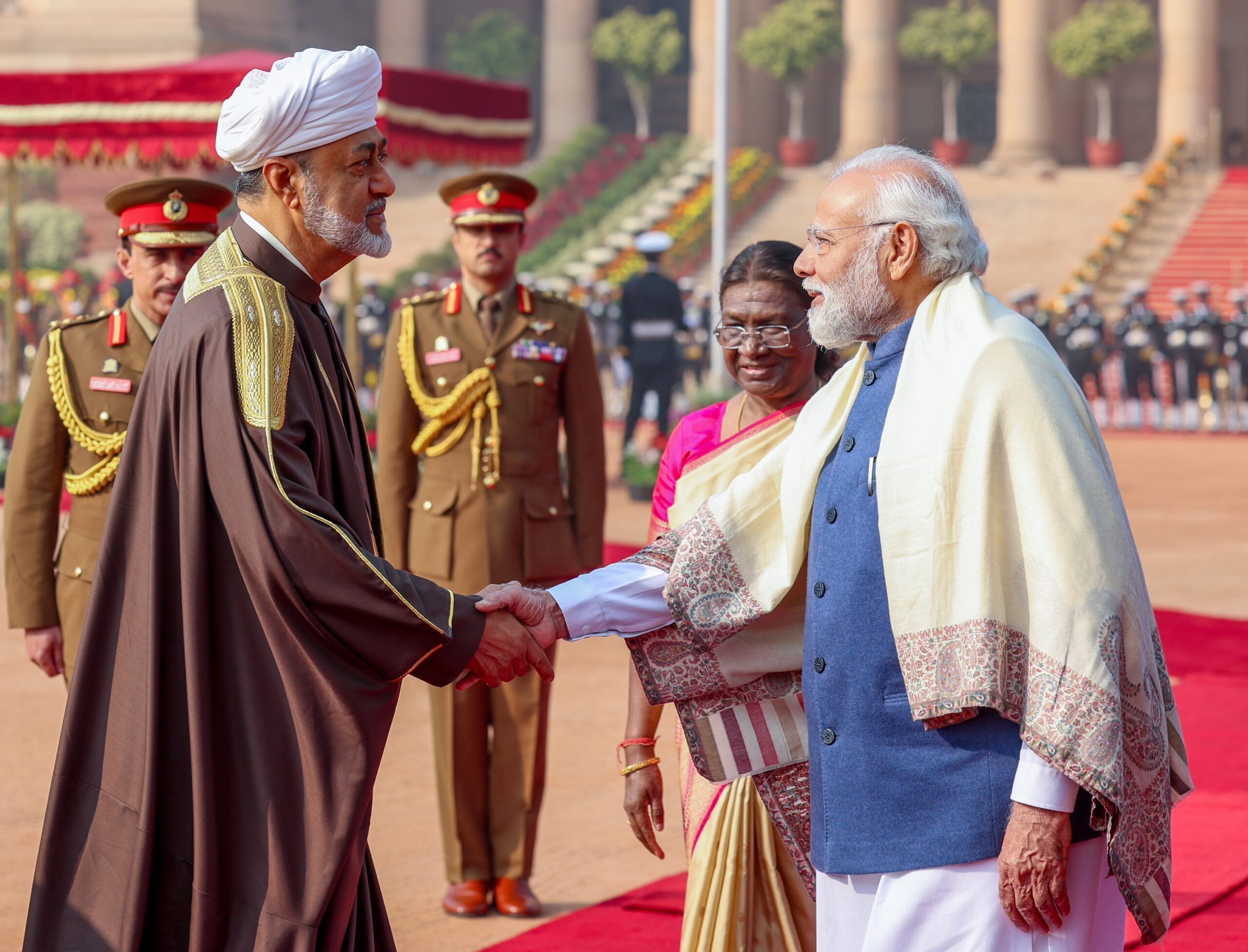 Sultan Haitham bin Tariq of Oman greets India's prime minister, Narendra Modi, in New Delhi last month