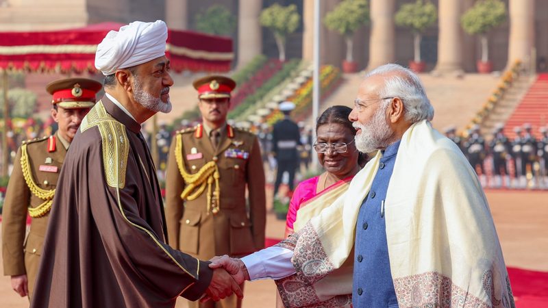 Sultan Haitham bin Tariq of Oman greets India's prime minister, Narendra Modi, in New Delhi last month