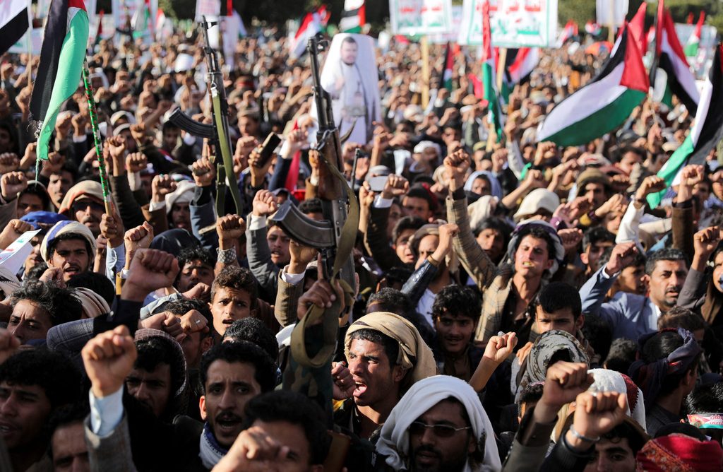 Houthi supporters in Sanaa protest at the US and UK airstrikes – but the military action has done little to shift oil prices