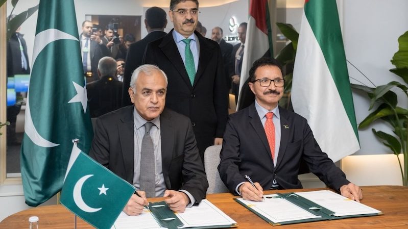 Shahid Ashraf Tarar, Pakistan's minister of communication, railways and maritime affairs, signs the agreements with DP World at the World Economic Forum in Davos, Switzerland