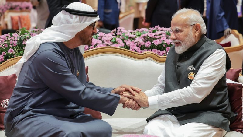 Sheikh Mohamed bin Zayed Al Nahyan and Narendra Modi, the leaders of the UAE and India, press palms at a meeting in New Delhi