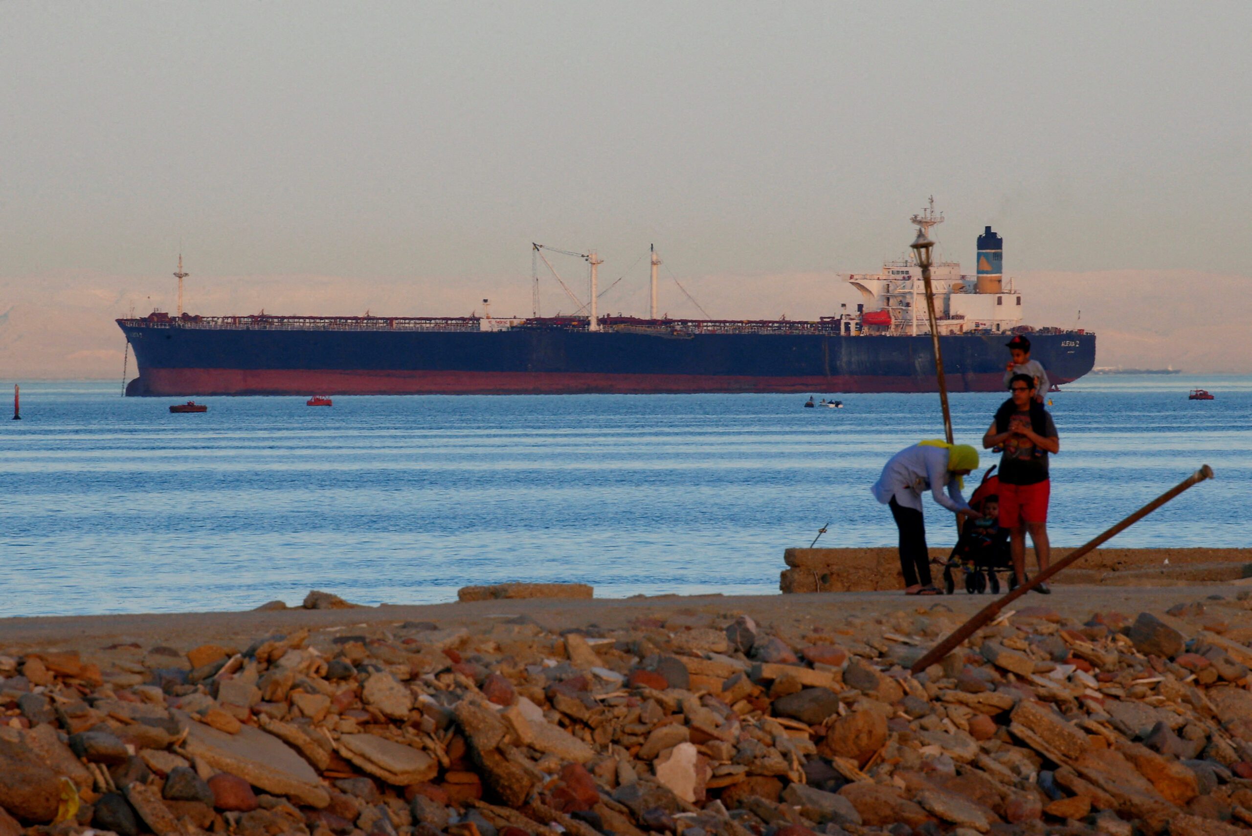 A ship in the Gulf of Suez before it enters the Suez Canal. The Canal accounts for a large proportion of Egypt's foreign currency revenue