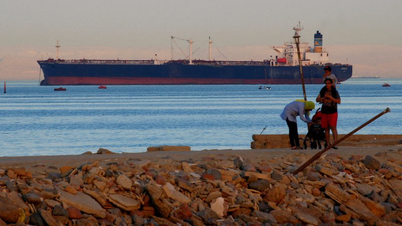 A ship in the Gulf of Suez before it enters the Suez Canal. The Canal accounts for a large proportion of Egypt's foreign currency revenue