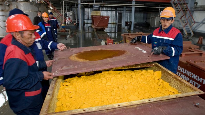 Workers at a uranium mine in Kazakhstan, which produces 43 percent of the world's total