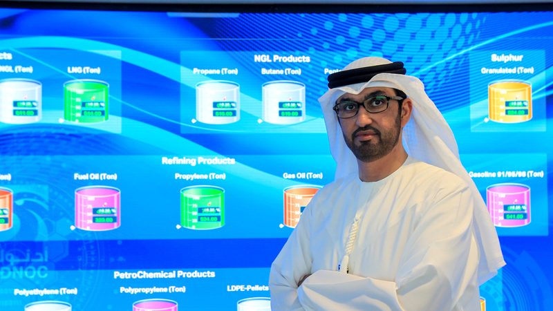 Adnoc Group CEO Sultan Ahmed Al Jaber pictured in the command centre at Adnoc headquarters in Abu Dhabi