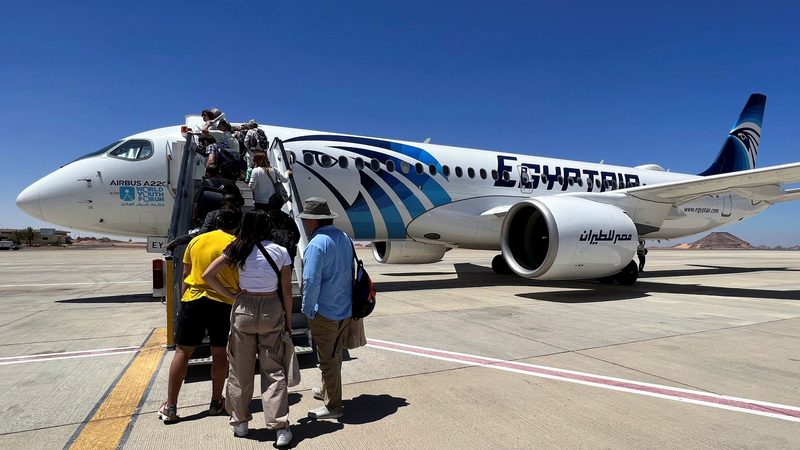 Tourists board an EgyptAir flight in Aswan. The national carrier's share of MEA capacity has fallen from 5.4% in 2010 to 3.5% in 2023