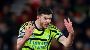 Arsenal's Declan Rice in action. Dubai real estate developer Sobha Realty has secured the naming rights for Arsenal's training ground
