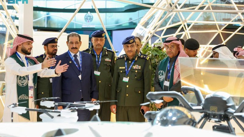 Drones on display at the World Defense Show in Riyadh, Saudi Arabia