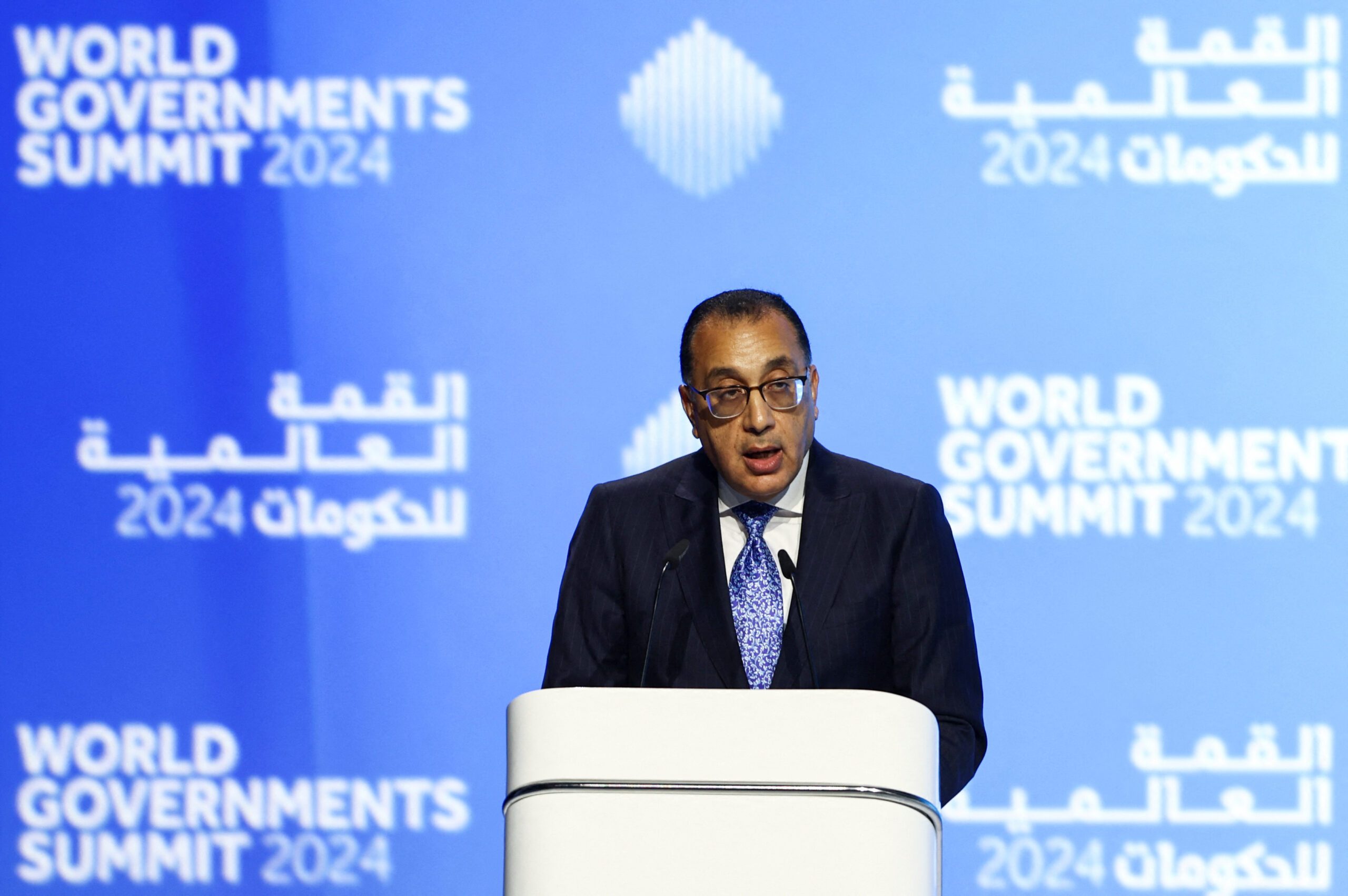 Egyptian Prime Minister Mostafa Madbouly speaks during the World Governments Summit in Dubai