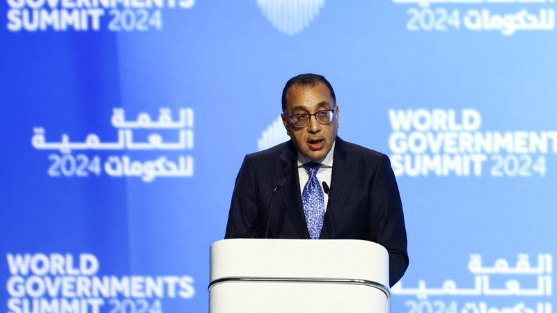 Egyptian Prime Minister Mostafa Madbouly speaks during the World Governments Summit in Dubai