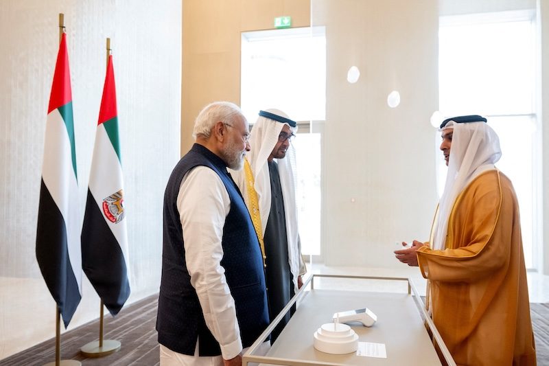 Narendra Modi and Sheikh Mohamed bin Zayed attend the launch of the Rupay or Jaywan digital debit card in Abu Dhabi on February 13