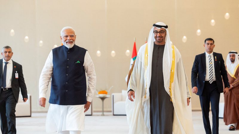 Narendra Modi, India's PM, was met by Sheikh Mohamed bin Zayed, the president of the UAE, on his arrival in Abu Dhabi