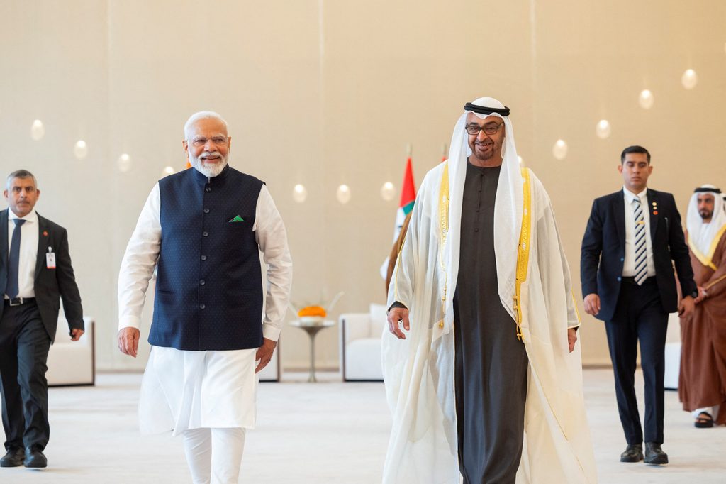 Narendra Modi, India's PM, was met by Sheikh Mohamed bin Zayed, the president of the UAE, on his arrival in Abu Dhabi