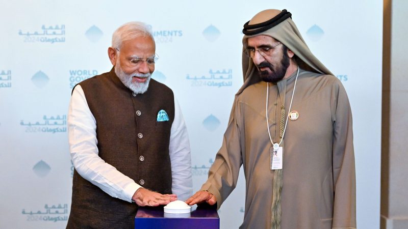 Indian prime minister Narendra Modi and Dubai's ruler Sheikh Mohammed bin Rashid Al Maktoum inaugurate Bharat Mart, a market and trading platform for Indian businesses in Dubai