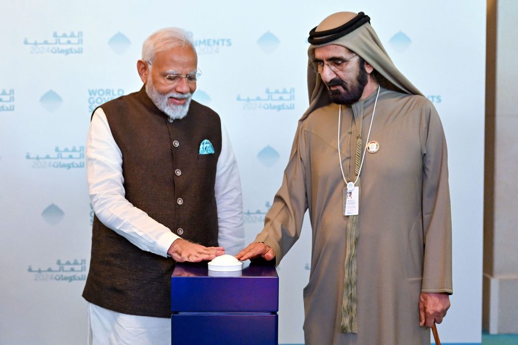 Indian prime minister Narendra Modi and Dubai's ruler Sheikh Mohammed bin Rashid Al Maktoum inaugurate Bharat Mart, a market and trading platform for Indian businesses in Dubai